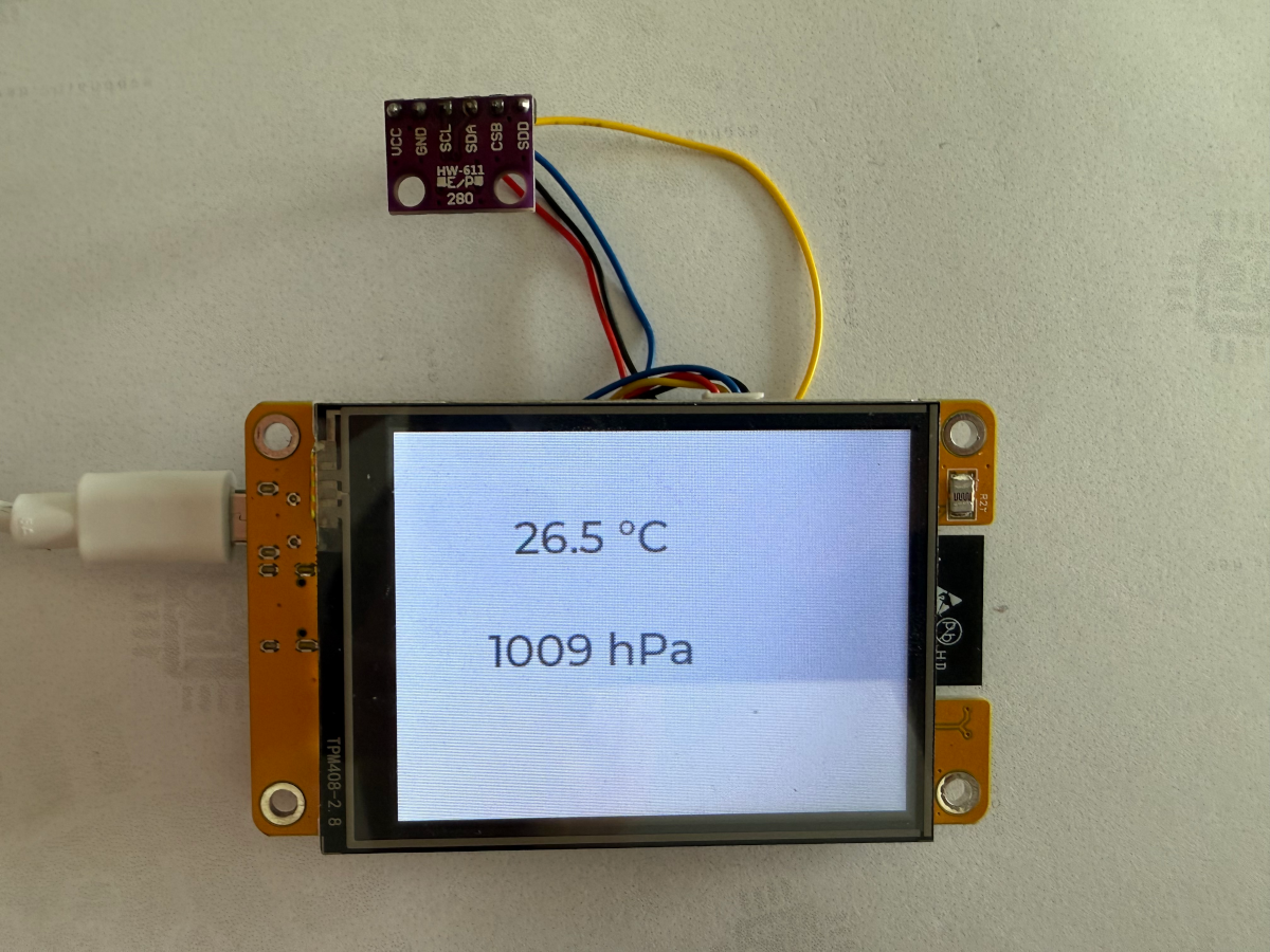 ESPHome display showing temperature and pressure readings from the BMP280 sensor