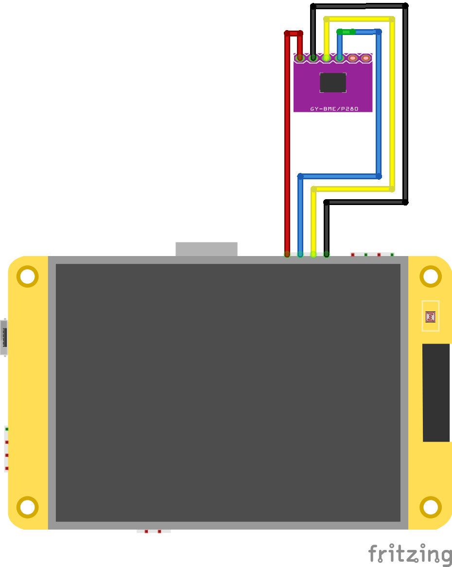 BMP280 sensor board with four wires connected to an ESP32 development board