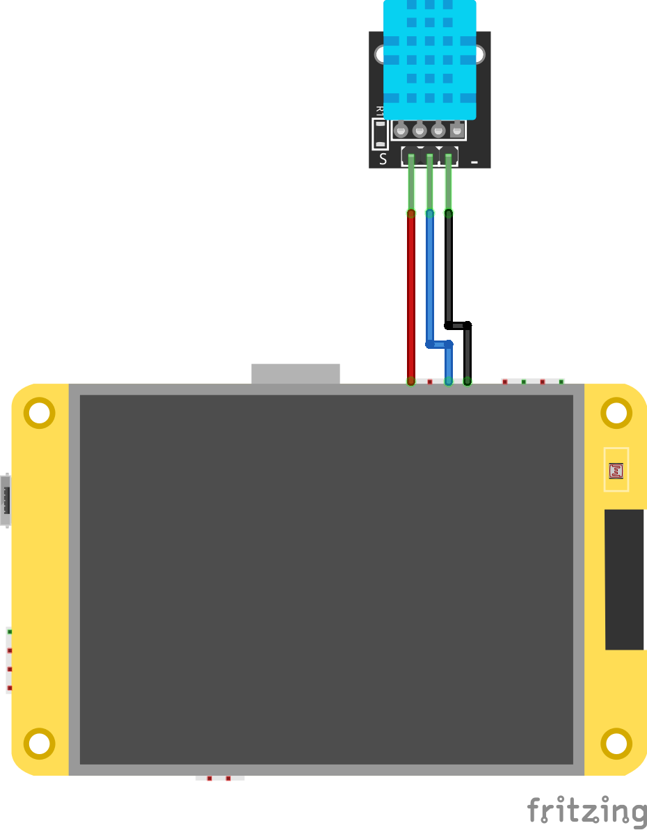 DHT11 sensor board with three wires connected to an ESP32 development board