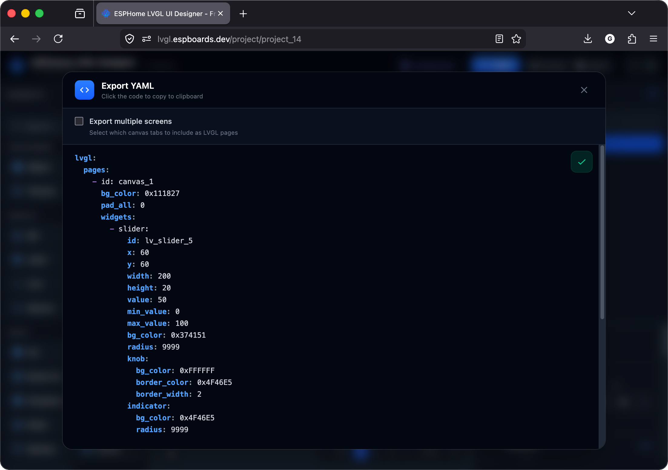 Export YAML dialog showing the generated lvgl: YAML with a copy button