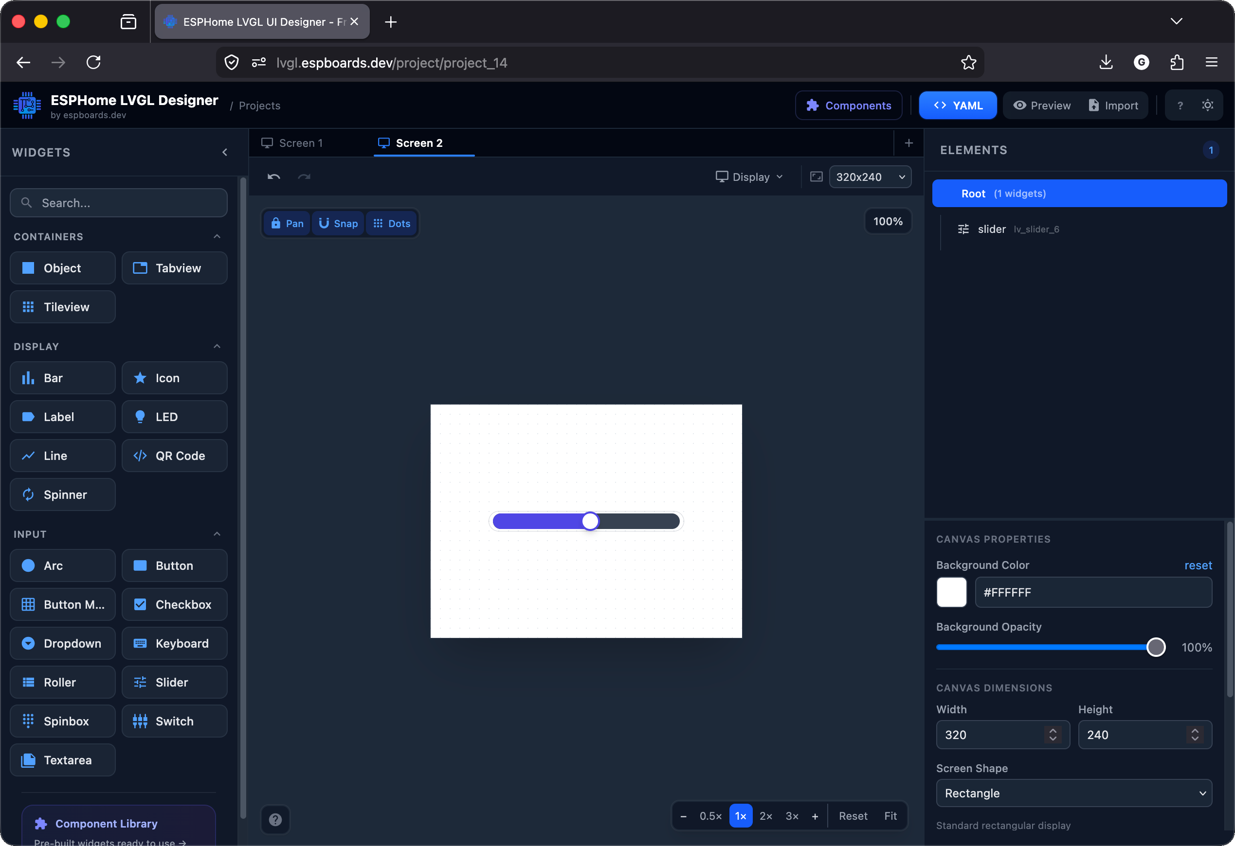 LVGL Designer canvas showing a slider widget selected