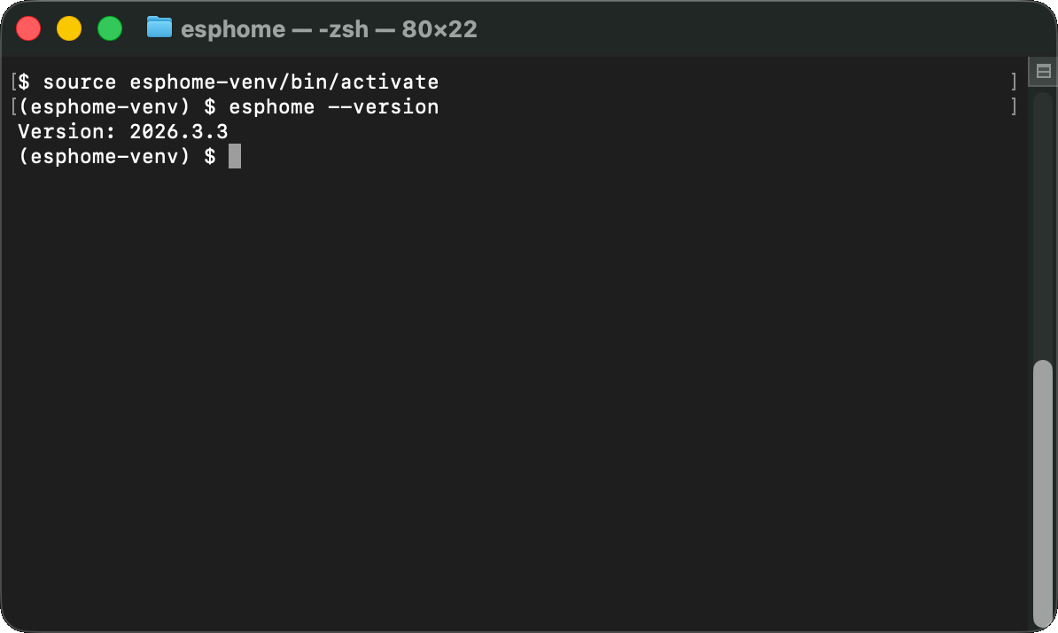 ESPHome CLI showing version output in terminal