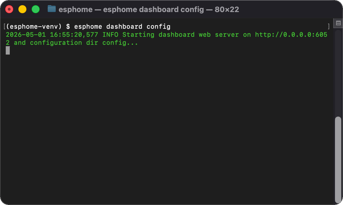 Terminal showing esphome dashboard config command with the dashboard starting