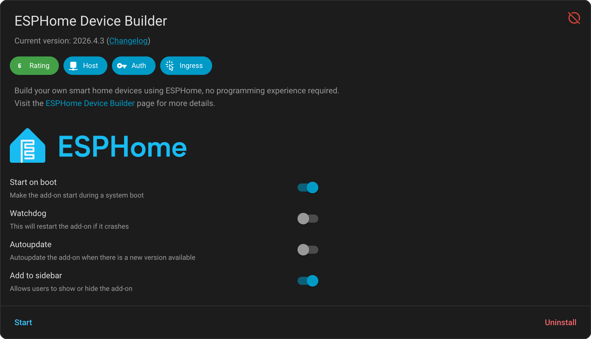 ESPHome add-on page in Home Assistant after installing, showing the Show in sidebar toggle