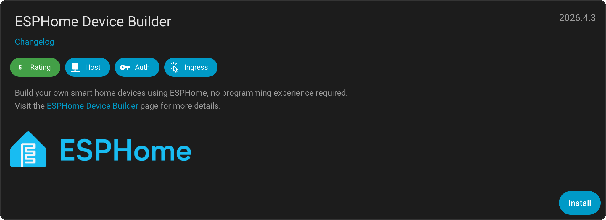 ESPHome add-on page in Home Assistant showing the Install button