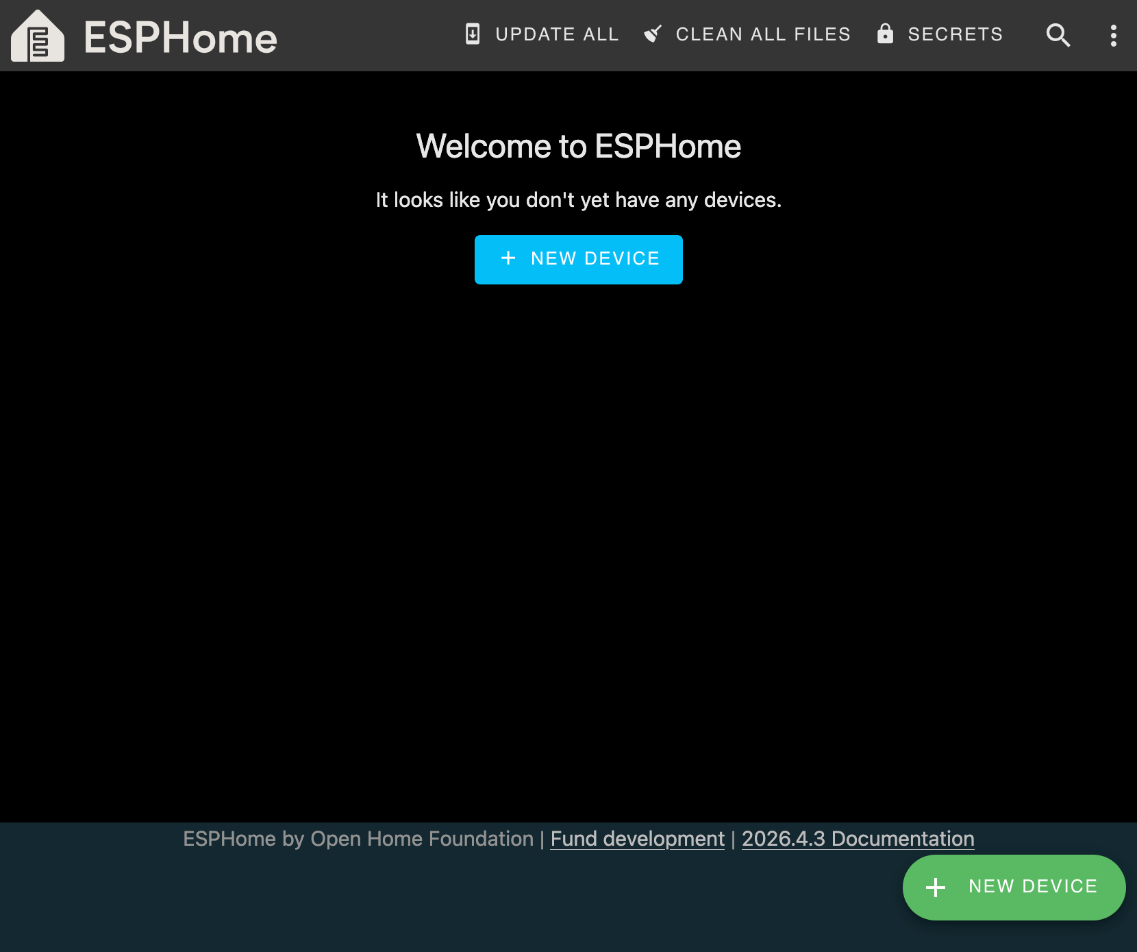 ESPHome add-on page in Home Assistant after installing, showing the empty state with a New Device button