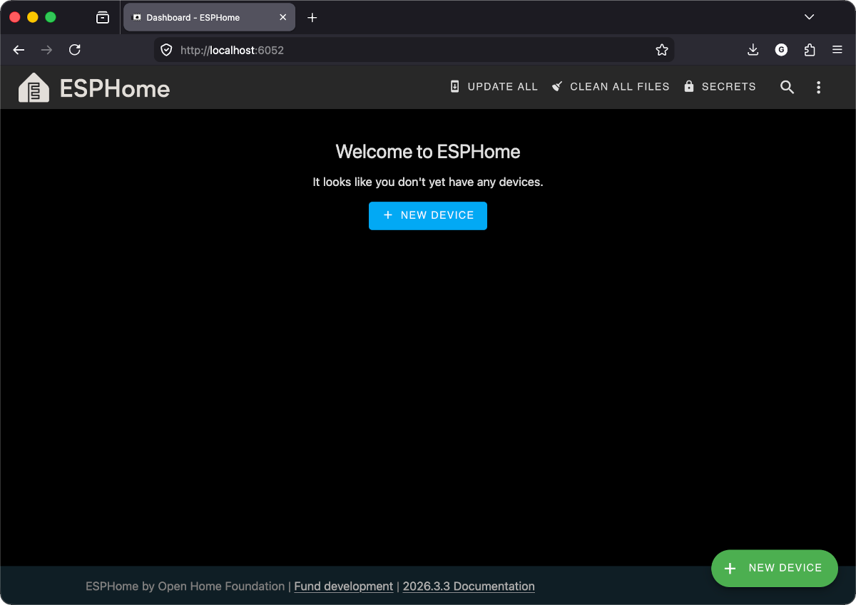 ESPHome dashboard with + NEW DEVICE button