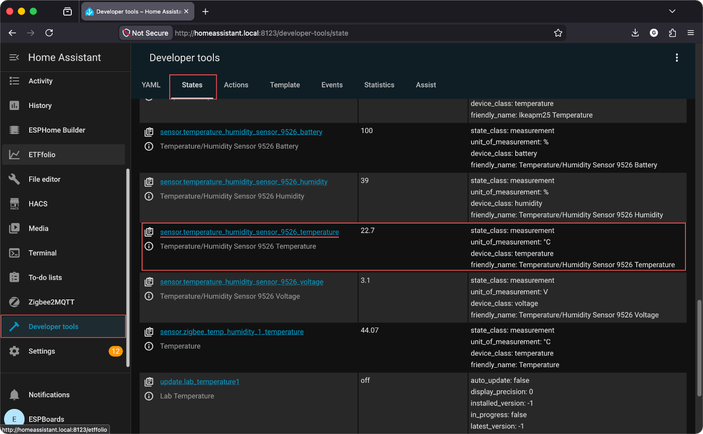 Home Assistant Developer Tools → States with entity filtered
