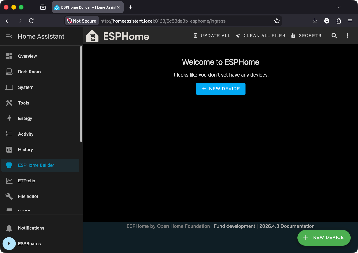 ESPHome dashboard with + NEW DEVICE button