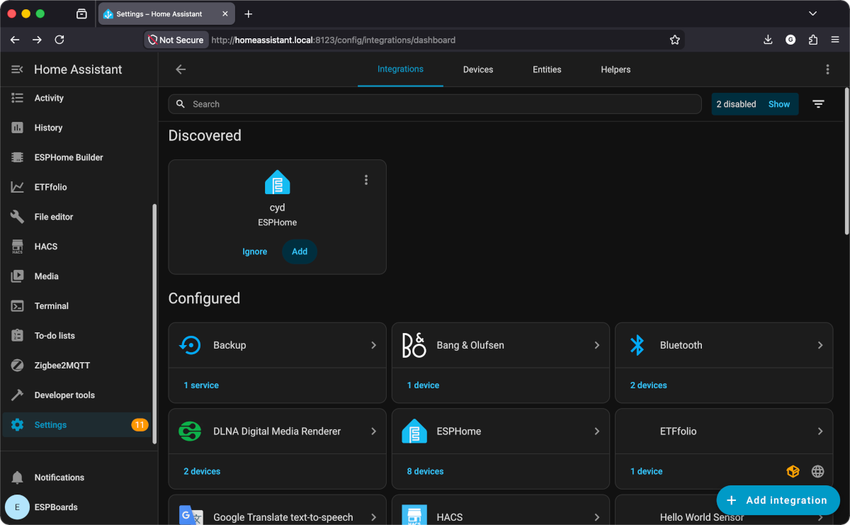 Home Assistant Settings → Devices & Services showing a discovered ESPHome device with Add button