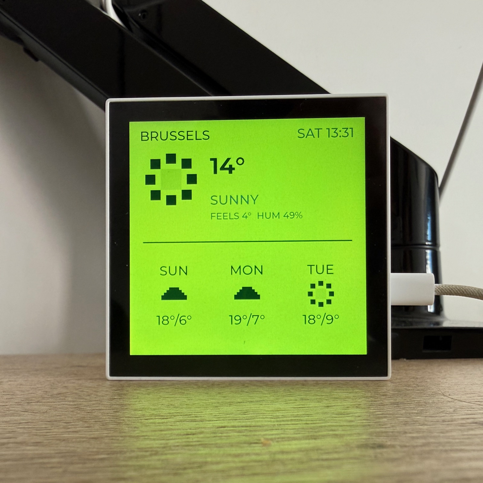 Game Boy weather dashboard running on a Waveshare ESP32-P4 panel