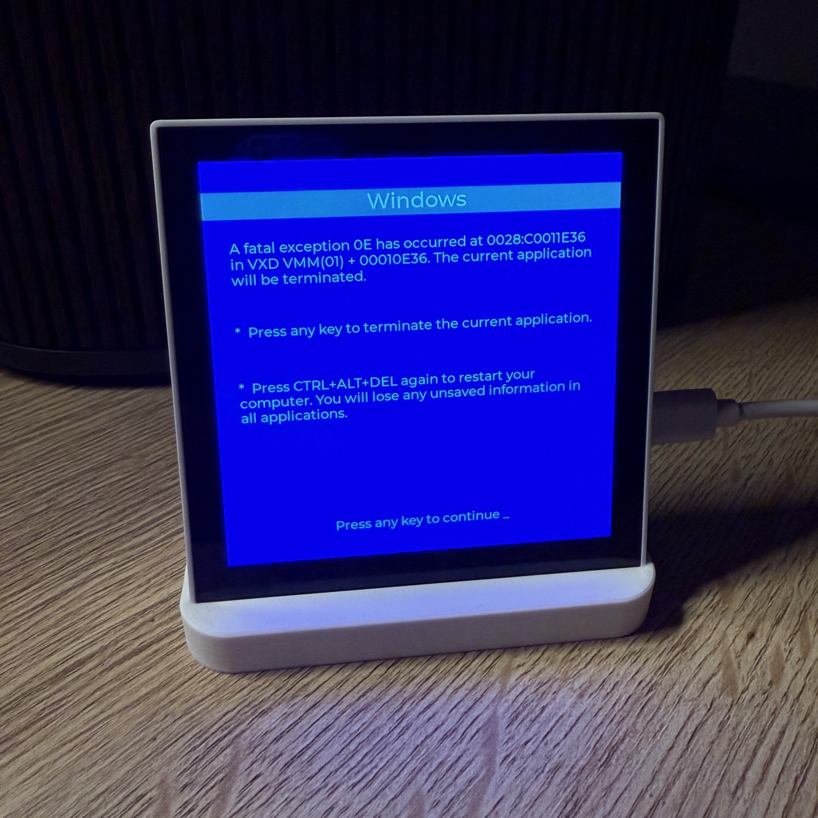 Retro blue-screen error on an ESP32 panel