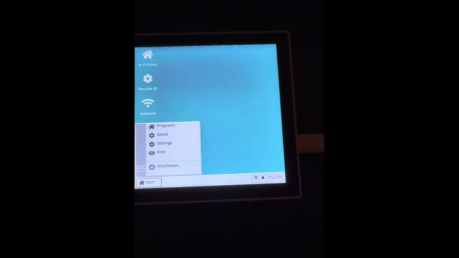 Retro desktop Start menu opening on an ESP32 panel
